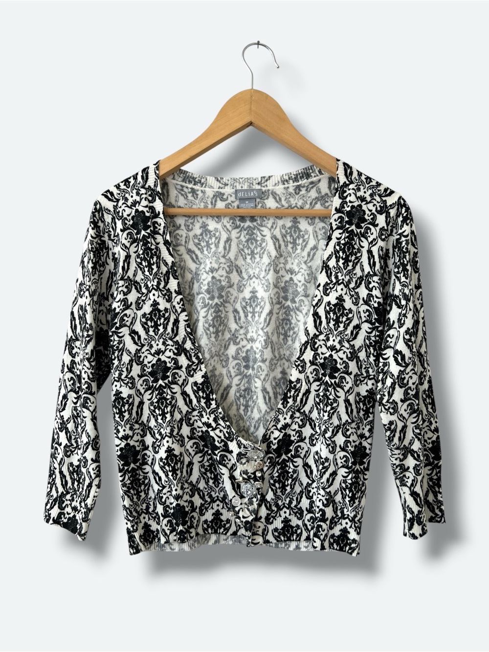 dELiA*s Y2K Cardigan Black Ivory Damask Embellished Buttons Womens Medium